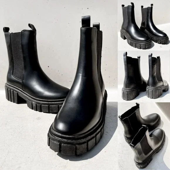 NEW Black Lug Sole Chunky Platform Elastic Ankle Block Heel Chelsea Boot Booties - Picture 8 of 12